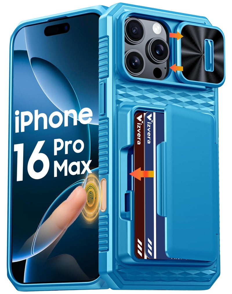 Vizvera for iPhone 16 Pro Max Case Wallet RFID [Cards Holder][Camera Control][Camera Cover] Full Body Rugged Shockproof Silicone Protective Phone Case for iPhone 16 Pro Max 6.9"(Lake Blue) - Image 1