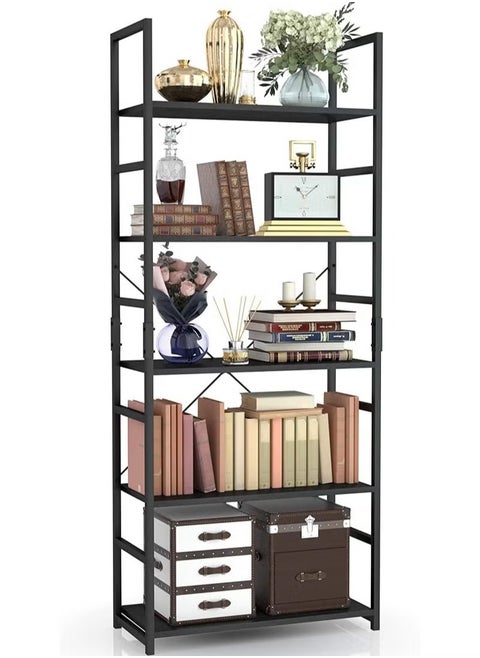 5-Tier Modern Bookcase - Tall Black Bookshelf Storage Organizer for Bedroom, Living Room & Home Office | Space-Saving Steel-Wood Design
