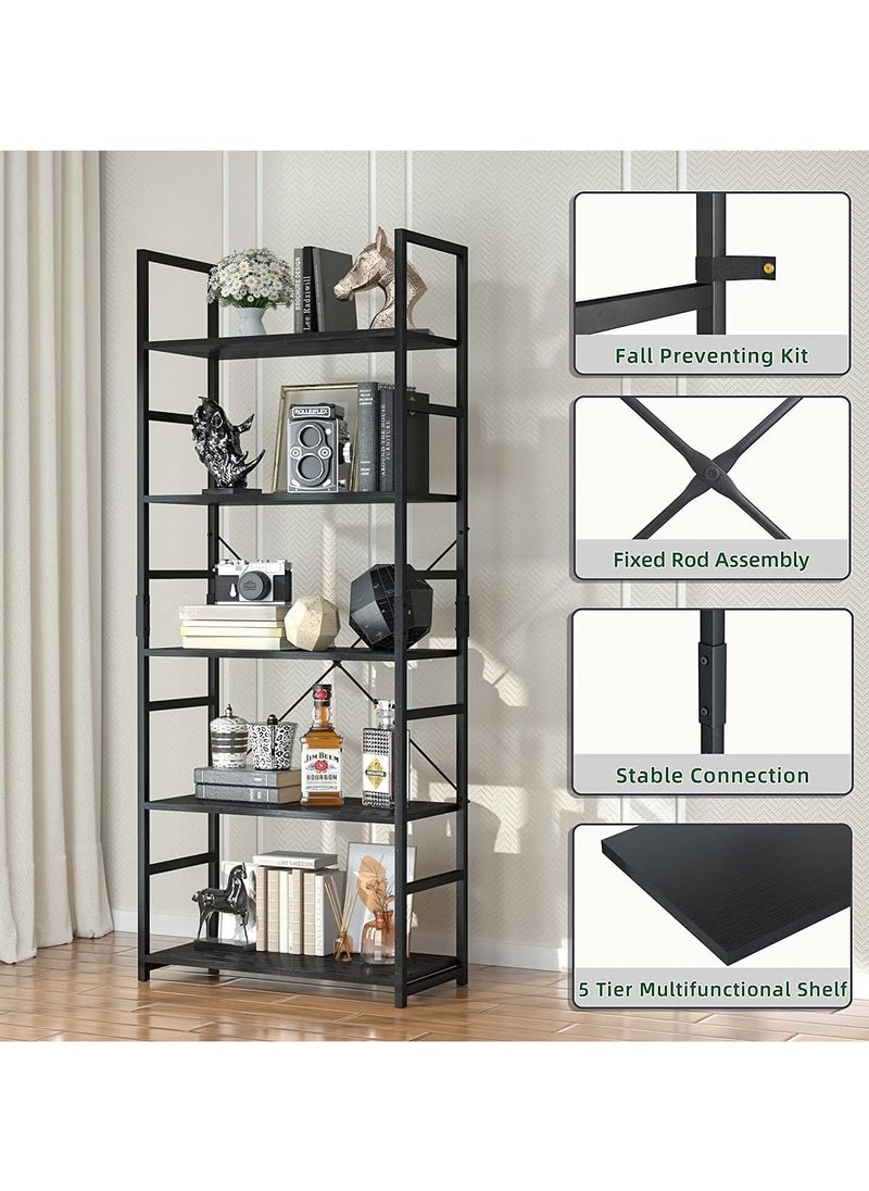 Arabest - 5-Tier Modern Bookcase - Tall Black Bookshelf Storage Organizer for Bedroom, Living Room & Home Office | Space-Saving Steel-Wood Design - Image 1