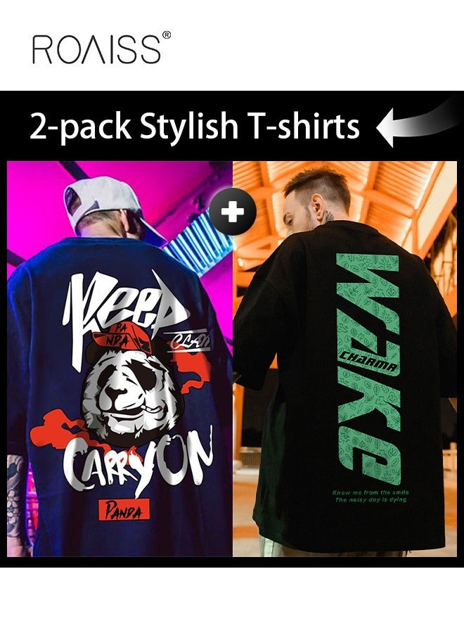 roaiss 2Pcs Man's T-shirt Loose Version Trendy All-Match Pattern Printing Short Sleeves  - Image 1