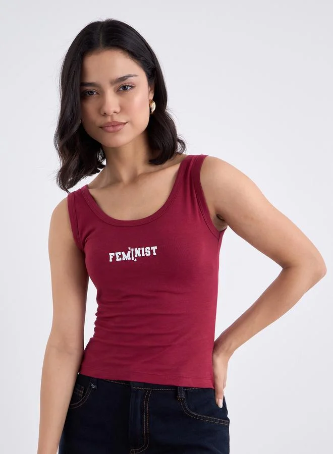 ستايلي Styli Red Fitted Tank with Slogan Print