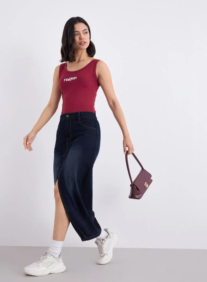 Styli Red Fitted Tank with Slogan Print
