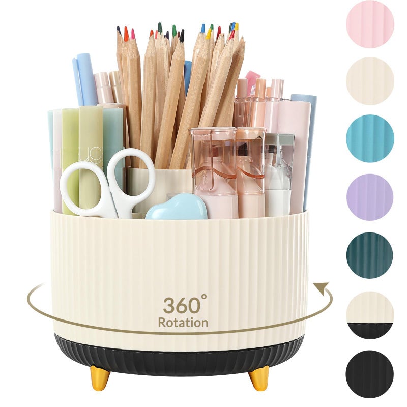 SKYDUE 360 Rotating Organizer, Dual-Purpose Pencil Pen Holder, 5-Slot Rotating Pencil Cup for Office, School, Home (Beige-Black) - Image 1