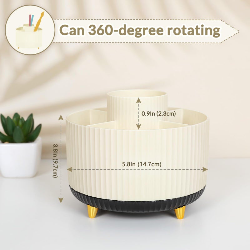SKYDUE 360 Rotating Organizer, Dual-Purpose Pencil Pen Holder, 5-Slot Rotating Pencil Cup for Office, School, Home (Beige-Black) - Image 2
