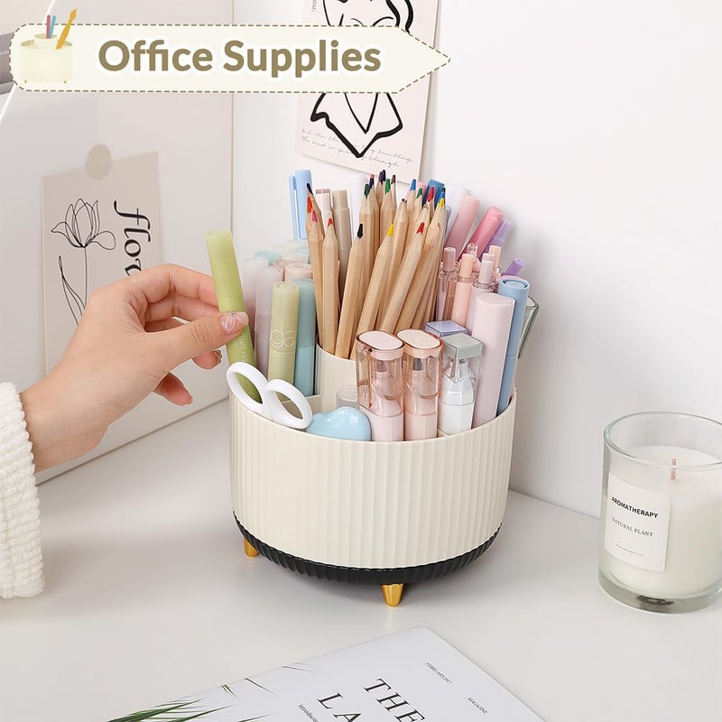 SKYDUE 360 Rotating Organizer, Dual-Purpose Pencil Pen Holder, 5-Slot Rotating Pencil Cup for Office, School, Home (Beige-Black) - Image 3