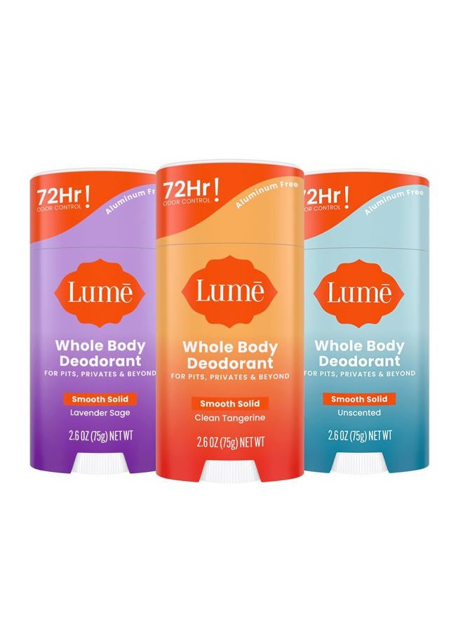 Lume Whole Body Deodorant - Smooth Solid Stick - 72 Hour Odor Control - Aluminum Free, Baking Soda Free and Skin Safe - 2.6 Ounce (Pack of 3) (Clean Tangerine, Lavender Sage, Unscented) - Image 1