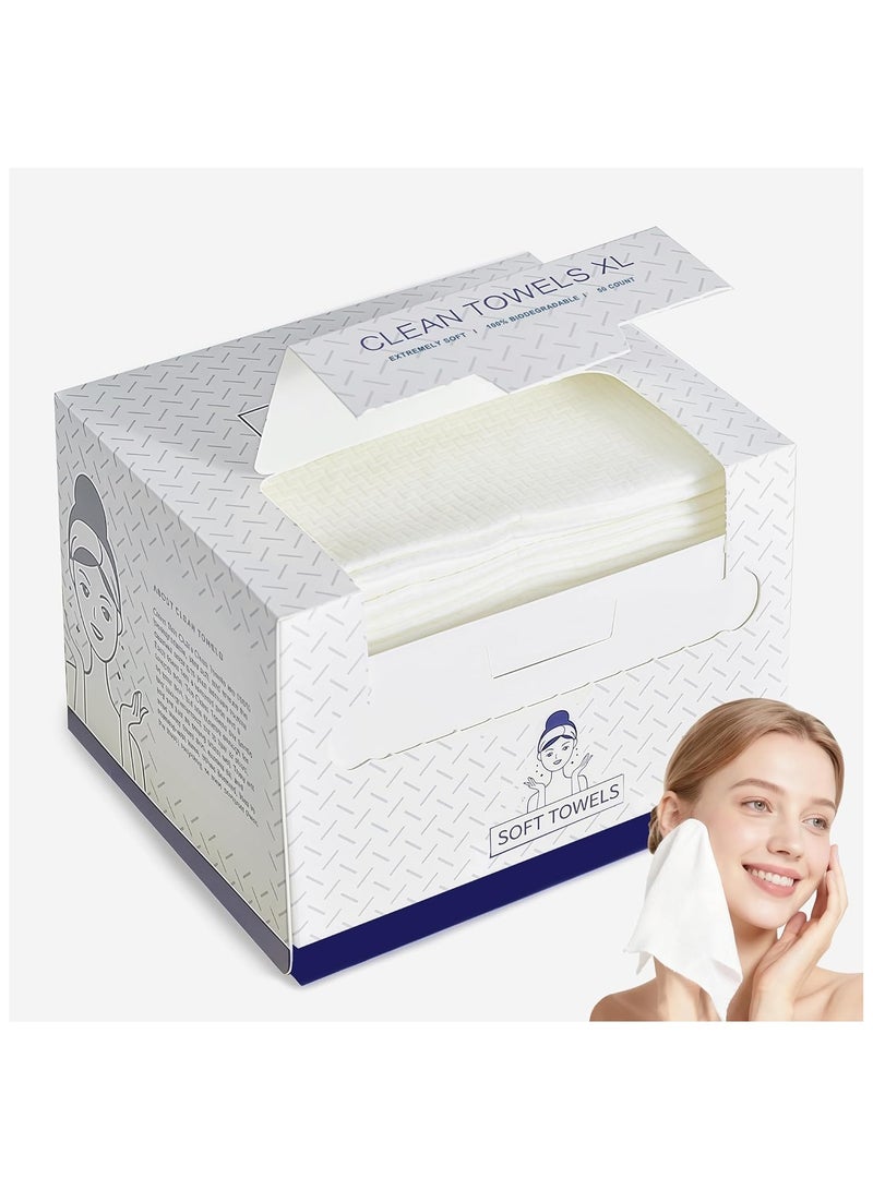 Disposable Face Towels -Clean Skin Towels for Makeup Removal, Soft Cotton Facial Towels 25×30cm Biobased Dry Wipes, Super Absorbent Face Wipes for Sensitive Skin, Biodegradable 50 Count - Image 1