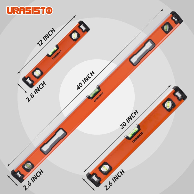 URASISTO 3-Piece Spirit Level Set, 12", 20", 40" Level Set with Magnetic Torpedo Level, 45Â°/90Â°/180Â°Bubbles Measuring, Aluminium Alloy Levels with Carrying Bag - Image 2