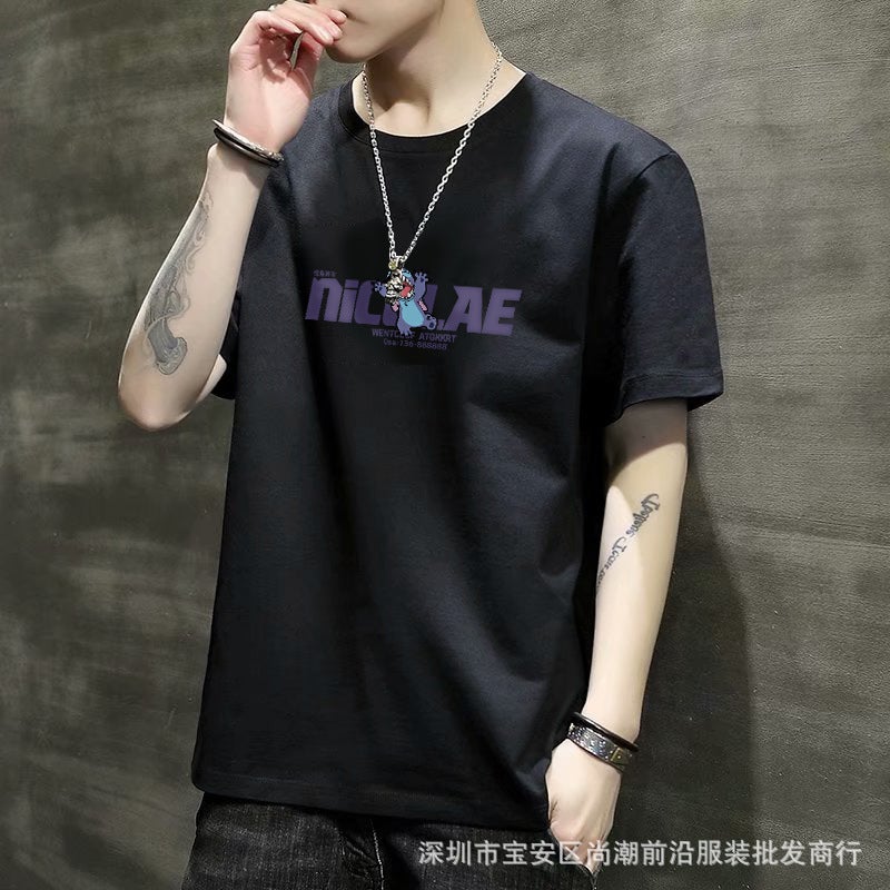 Summer New Mens Short-sleeved T-shirt Slim-fit Student Cartoon Hong Kong Style Tide Brand Round Neck Casual Loose Pullover Base Monster Black 