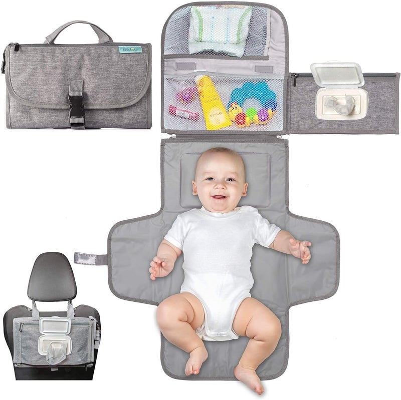 Baby Portable Diaper Changing Pad,Waterproof Travel Change Pad,with Wipes Pocket, Smart Design Portable Changing Mat, Infant Travel Station Kit, Gift for Newborn Girl & Boy - Grey - Image 1