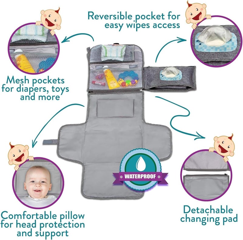 Baby Portable Diaper Changing Pad,Waterproof Travel Change Pad,with Wipes Pocket, Smart Design Portable Changing Mat, Infant Travel Station Kit, Gift for Newborn Girl & Boy - Grey - Image 3