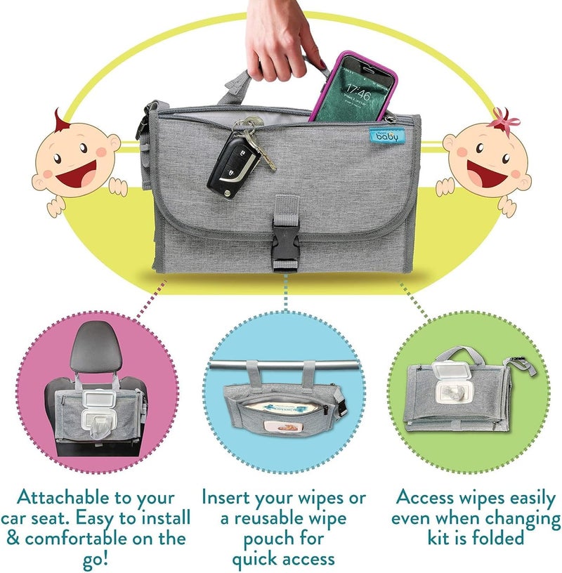 Baby Portable Diaper Changing Pad,Waterproof Travel Change Pad,with Wipes Pocket, Smart Design Portable Changing Mat, Infant Travel Station Kit, Gift for Newborn Girl & Boy - Grey - Image 4