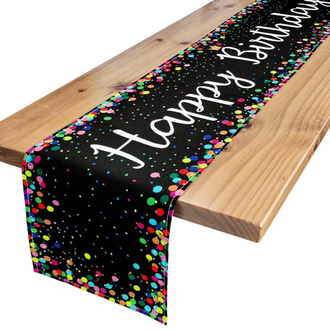 BIRTHDAY TABLE RUNNER 72 INCHES HAPPY BIRTHDAY PARTY SIGN POLKA DOTS TABLE DECORATION BLACK