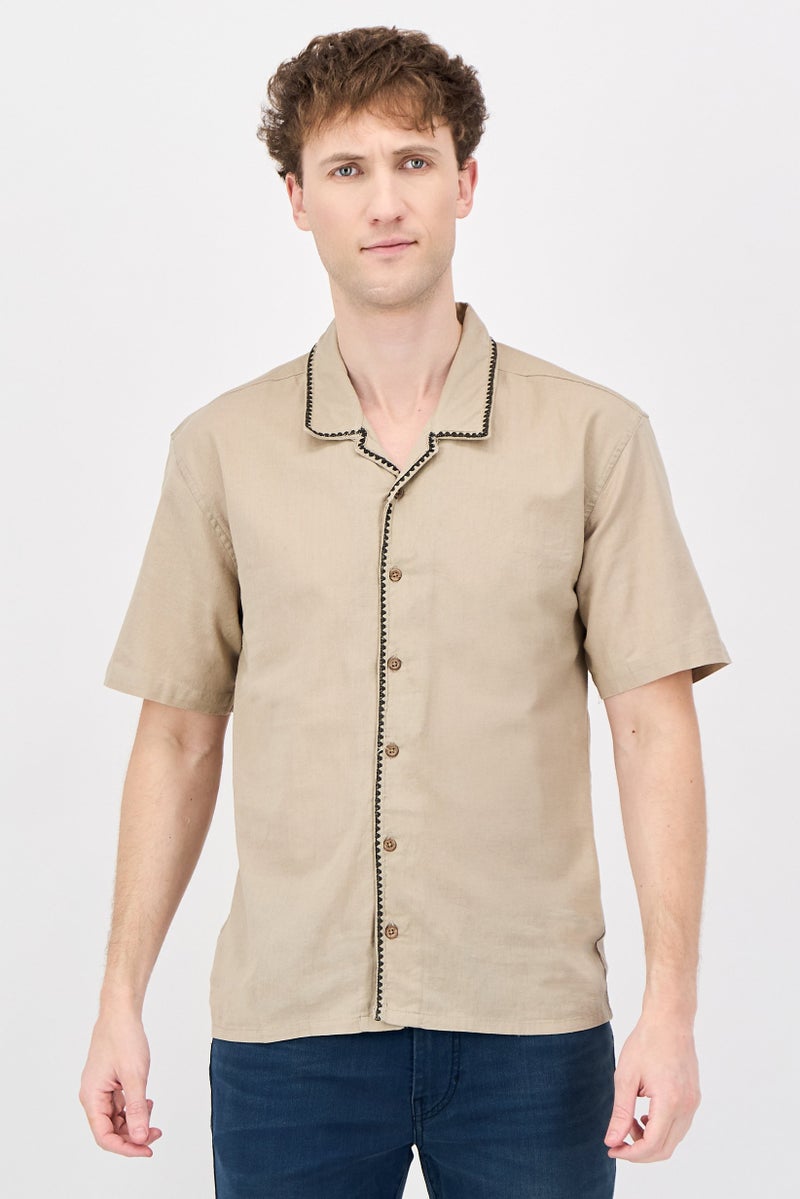 Threadbare Men Relaxed Fit Solid Short Sleeve Casual Shirt, Khaki - Image 1