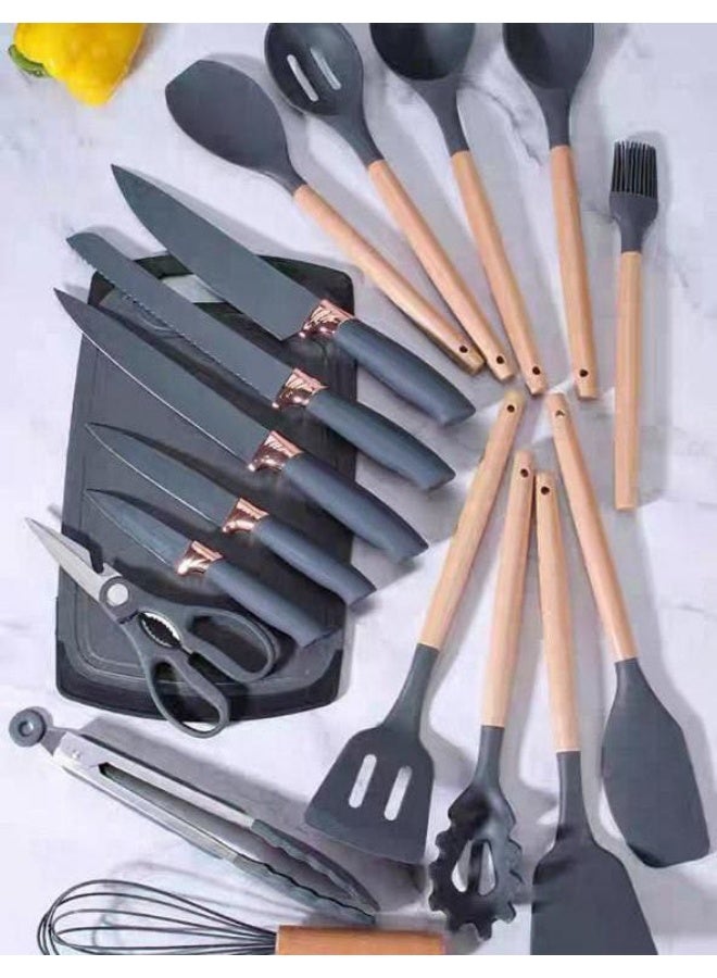 19-Piece Integrated Silicone Kitchen Utensils and Knife Set with Organizer Block and Cutting Board - Grey - Image 4