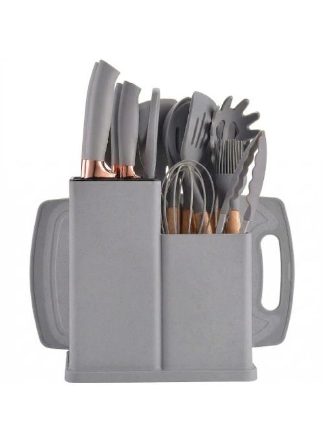 19-Piece Integrated Silicone Kitchen Utensils and Knife Set with Organizer Block and Cutting Board - Grey - Image 1