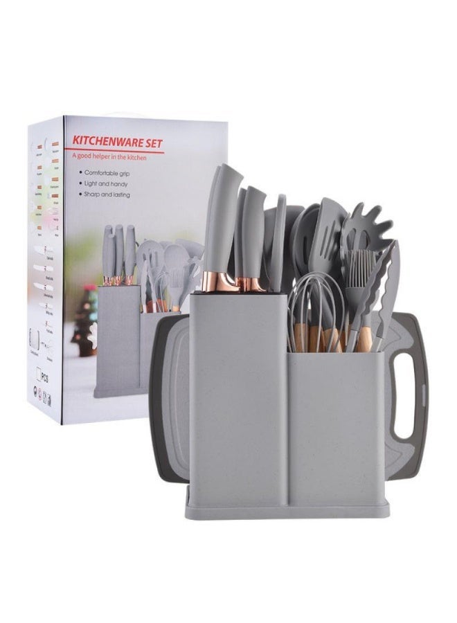19-Piece Integrated Silicone Kitchen Utensils and Knife Set with Organizer Block and Cutting Board - Grey - Image 2