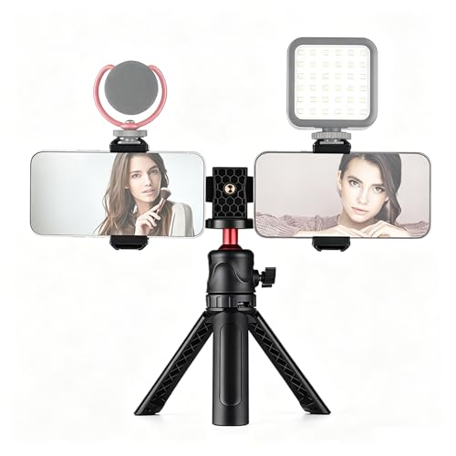 Andoer Multifunctional Smartphone Video Kit Including Universal Phone Tripod Mount with Dual Phone Holders 4 Cold Shoe Mounts Desktop Tripod for Vlog Live Streaming Oline Video Teaching Meeting - Image 1