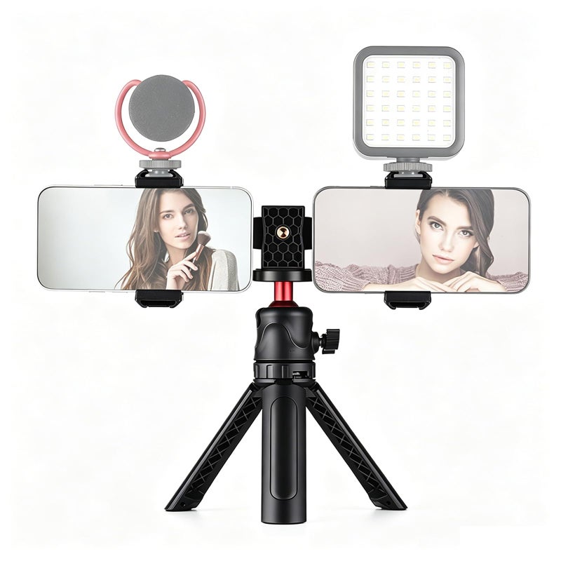 Andoer Multifunctional Smartphone Video Kit Including Universal Phone Tripod Mount with Dual Phone Holders 4 Cold Shoe Mounts Desktop Tripod for Vlog Live Streaming Oline Video Teaching Meeting - Image 2