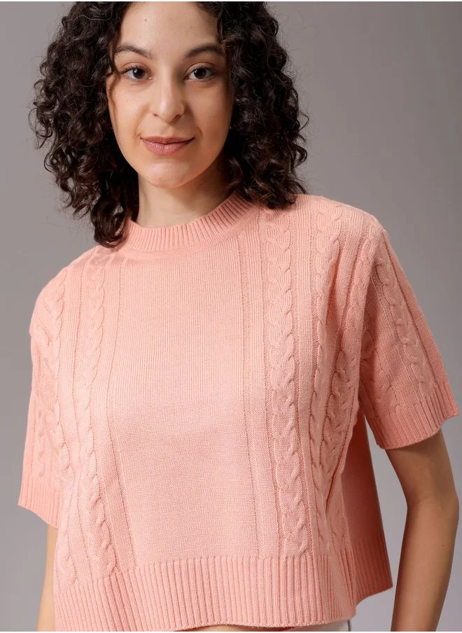 مرفوعة Women Relaxed Pink Solid Round Neck Short Sleeve Sweater