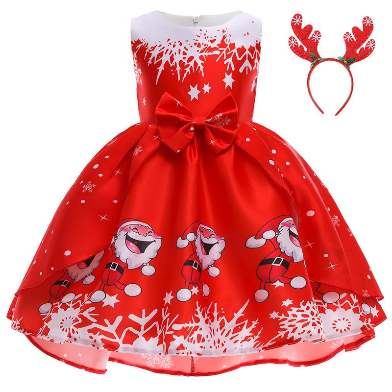 Girls Christmas Dress Christmas Dress Party Costume Childrens Cos Santa Claus Costume Princess Dress SD061-Red (with headband)