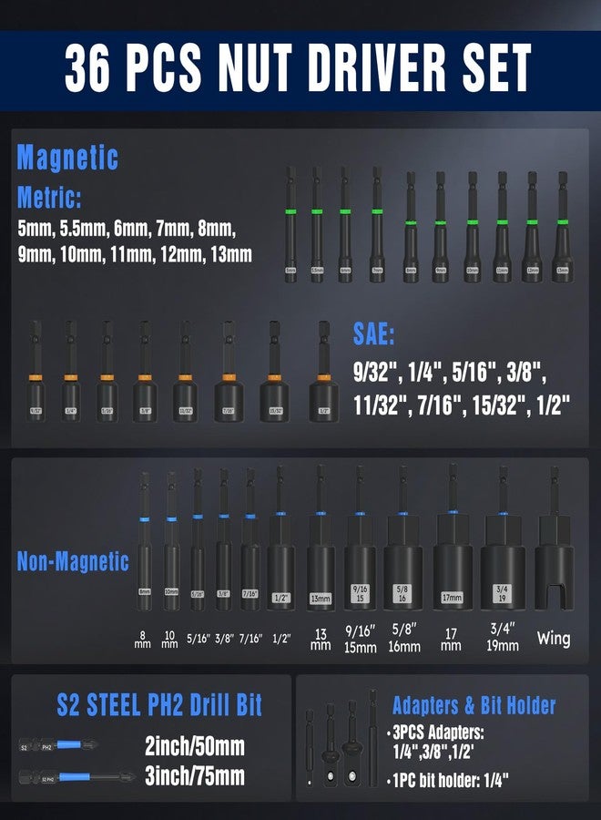 XOOL 36PCS Magnetic Nut Driver Set, Metric and SAE Nut Driver Set for 1/4" Quick-Change Hex Shank, Impact Drill Driver Bit Set with Storage Bag - Image 2