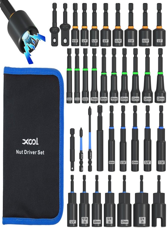XOOL 36PCS Magnetic Nut Driver Set, Metric and SAE Nut Driver Set for 1/4" Quick-Change Hex Shank, Impact Drill Driver Bit Set with Storage Bag - Image 1