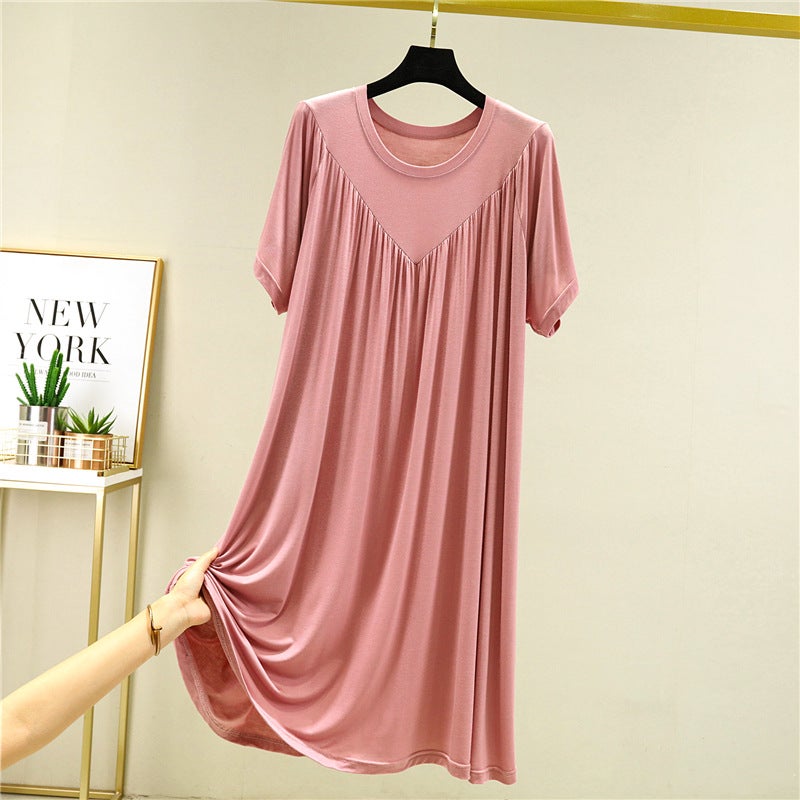 Modal Loose Dress Womens Summer Thin Nightgown Large Size Extra Large Plus Size Fat Plus Large Fat Girl Outer Wear Pleated A- Line Skirt Lotus root starch 
