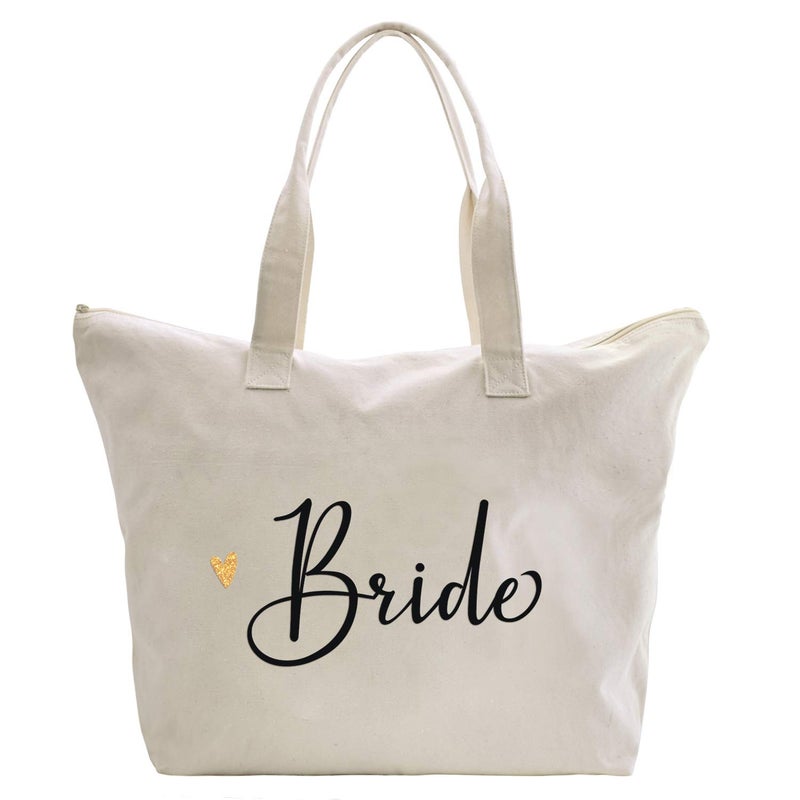 CARAKNOTS CARAKNOTS Bride Gifts Bride Bag for Wedding Bachelorette Engagement Party Accessories Bridal Shower Gifts Cotton Beach Canvas Tote Shoulder Bag with Zipper and Pocket 