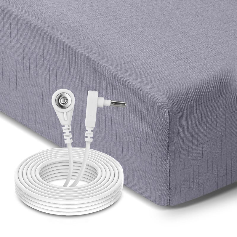 Newise Grounding Sheets King  90% Organic Cotton + 10% Pure Silver Fiber  Fitted Earth Sheets with 15 ft Grounding Cord  King Size 76""x 80""x 15""  Gray - Image 1