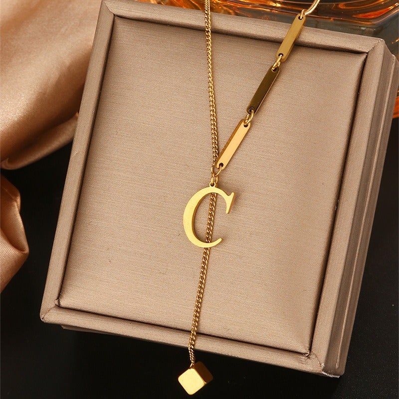 Vital Titanium Steel Tassel Collarbone Necklace for Women, 26 Letter Initial Pendant, Fade-Resistant Minimalist Jewelry