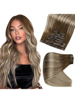 Full Shine 12 Inch Balayage Clip In Hair Extensions Brown Ombre Human Hair Extensions Ash Brown Mix Dark Blonde Seamless Clip In Human Hair Extensions Easy To Wear 8Pcs 100 Grams  - Image 1