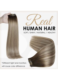 Full Shine 12 Inch Balayage Clip In Hair Extensions Brown Ombre Human Hair Extensions Ash Brown Mix Dark Blonde Seamless Clip In Human Hair Extensions Easy To Wear 8Pcs 100 Grams  - Image 3