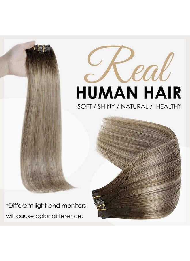 Full Shine 12 Inch Balayage Clip In Hair Extensions Brown Ombre Human Hair Extensions Ash Brown Mix Dark Blonde Seamless Clip In Human Hair Extensions Easy To Wear 8Pcs 100 Grams  - Image 3