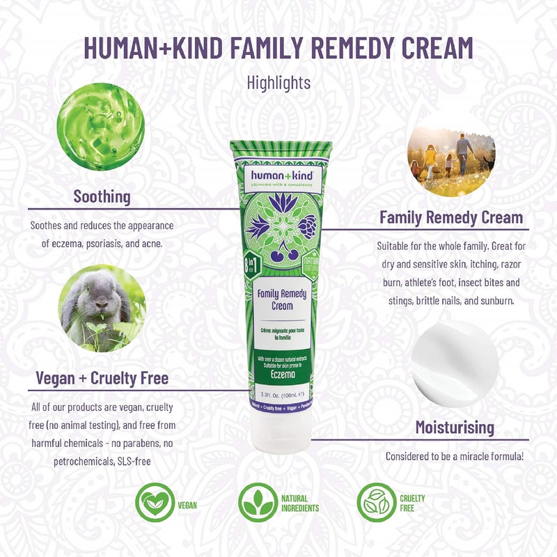 human kind Human+Kind Family Remedy Cream - Smoothing, Healing Body Repair for Burn and Rash Soothing, Itch Relief, and Extremely Dry Skin Hydration - Emollient, Non Greasy Formula - For All Skin Types - 3.3 oz - Image 2