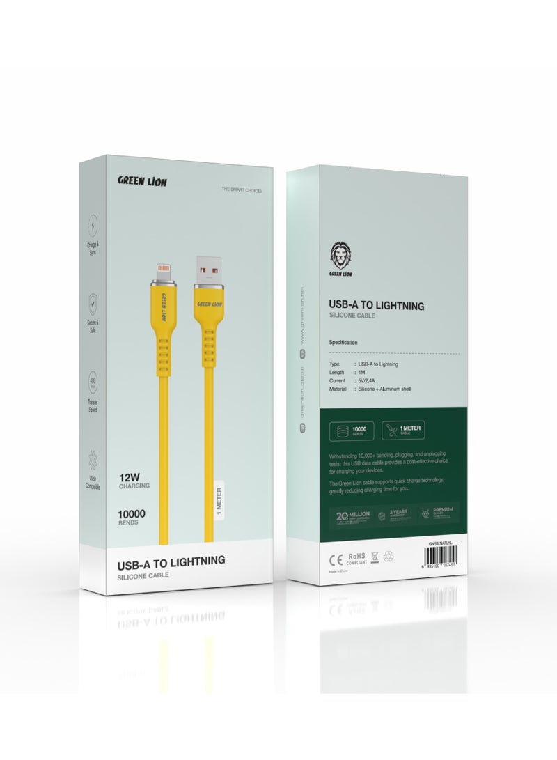 GREEN LION USB-A TO Lightning Silicone Cable / 12W Current / High Transfer Speed / Secure & Safe / Charge & Sync / 10,000 Bends / Wide Compatible / Long Length Cable - Yellow - Image 2