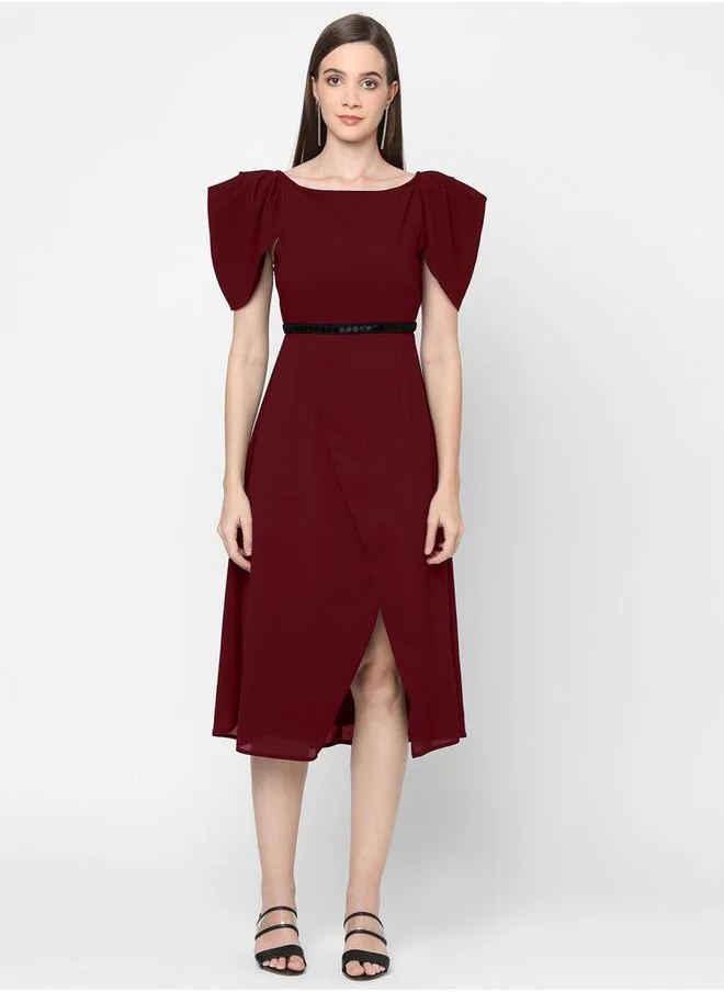 Mish Tulip Sleeves Wrap Style Midi Dress with Beaded Waistband