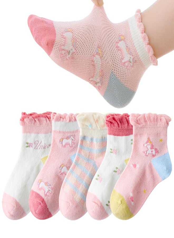 PALAY® 5 Pairs Kids Socks Girls Regular Socks Breathable Cotton Mesh Home Cartoon Unicorn Cotton For Girls 6-8 Years Old,Multi - Image 1