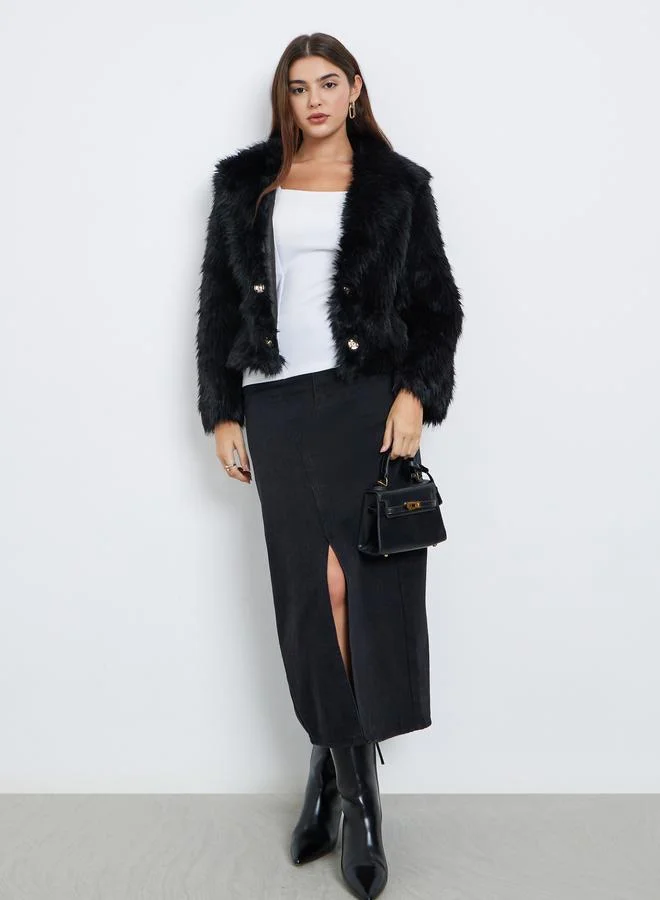 Styli Women Black Regular Fit Cropped Faux Fur Jacket
