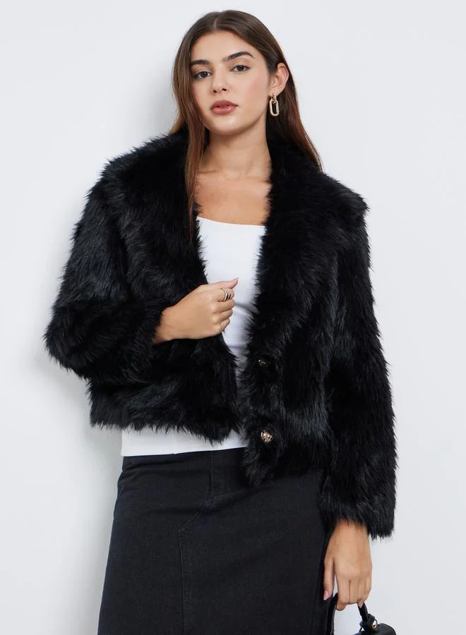 Styli Women Black Regular Fit Cropped Faux Fur Jacket