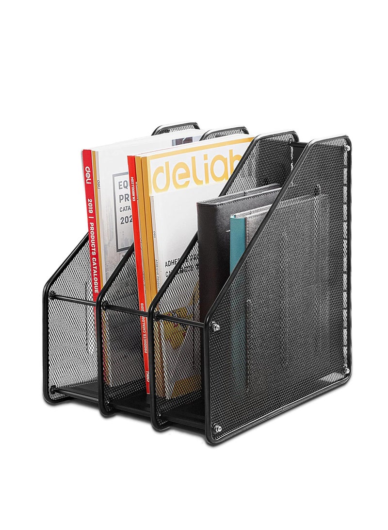 Terabyte حامل ملفات مجلات شبكي، منظم مكتب لحفظ الملفات، رف مستندات لتنظيم وتخزين المكتب، 3 أقسام عمودية، أسود - Image 1