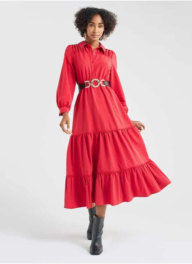 FAV Solid Tiered Midi Dress with Puff Sleeves and Collar