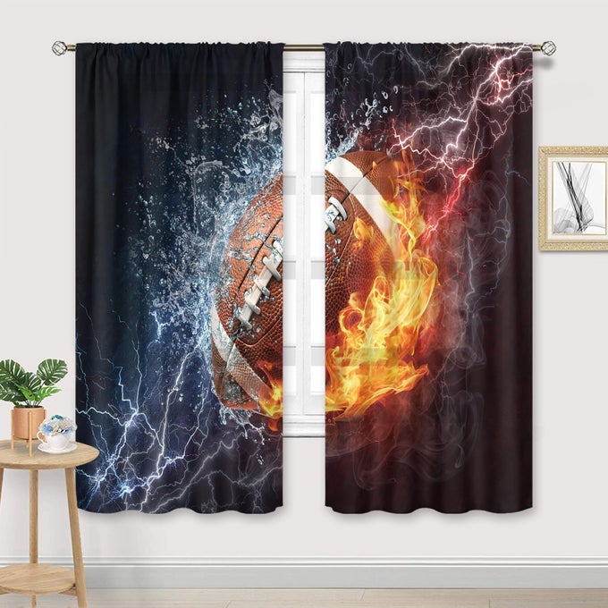 AMERICAN FOOTBALL CURTAINS SHEER ROD POCKET BOYS SPORTS WALL DECOR FOR KIDS MEN TEENS BEDROOM WATER FLAME FOOTBALL ART PRINTED COOL LIVING ROOM WINDOW DRAPES FABRIC 2 PANELS 41WX62L INCH