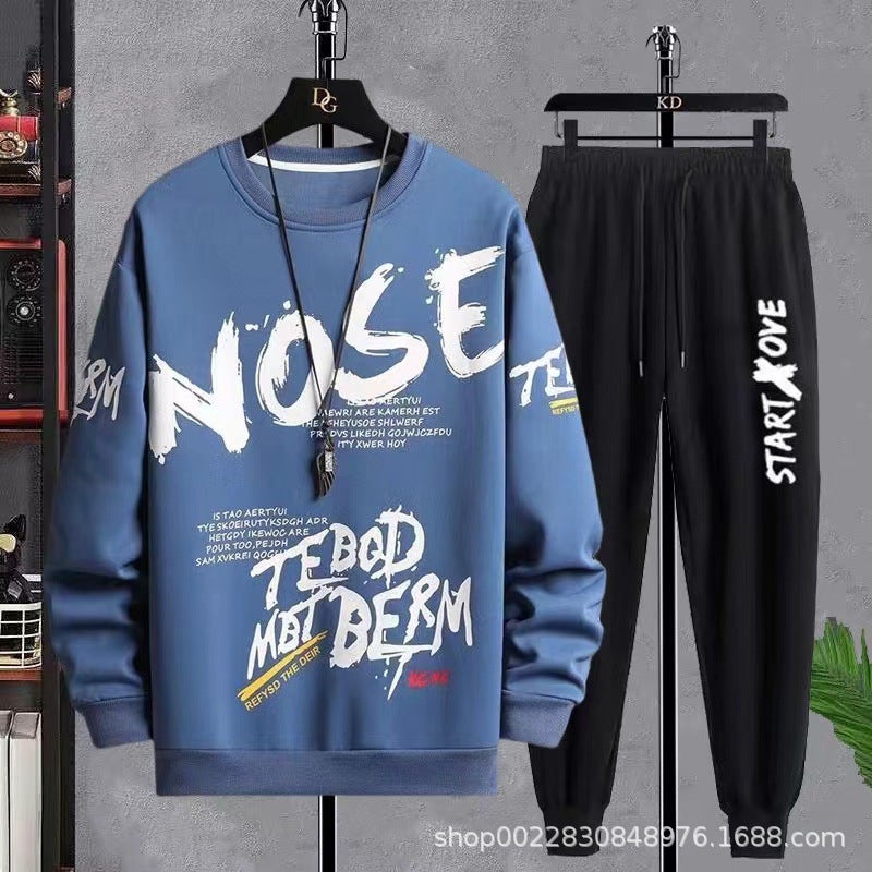 Autumn New Long-sleeved T-shirt Set Large Size Casual Pullover Sweat Mens Student Collocation Handsome Sports Mens Clothing [Sweat Set] NOS (Blue)