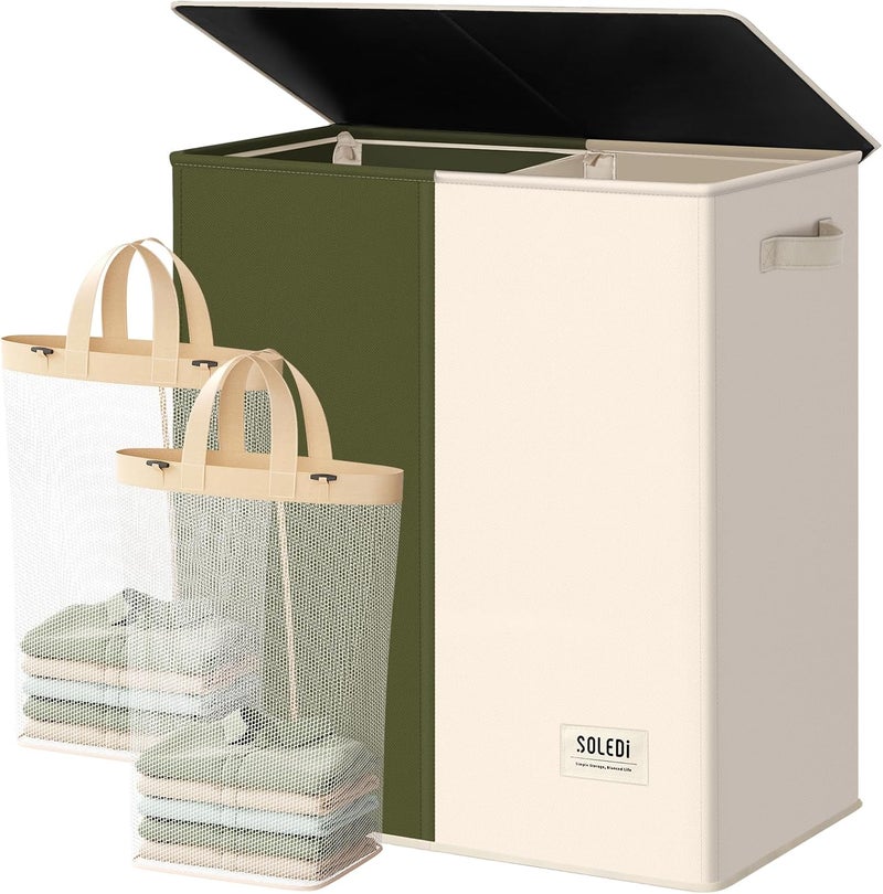 SOLEDI 145L Laundry Basket, Laundry Hamper, 2 Compartments with Lid and 2 Laundry Bags, Laundry Sorter Large XXXL for Bathroom, Bedroom, Laundry Room, Children's Room, 2 x 72.5 L, Green + Beige - Image 1
