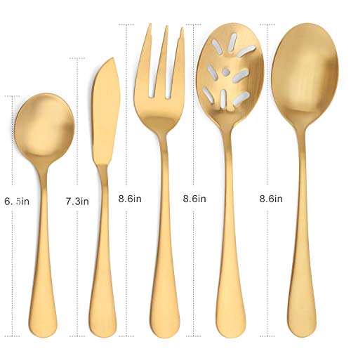 sharecook Matte Gold Serving Set，SHARECOOK 5-Piece 18/0 Stainless Steel Large Hostess Set with Round Edge, Satin Finished, Dishwasher Safe -Spoons, Forks,Butter Knife& Slotted Spoon - Image 2