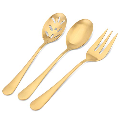 sharecook Matte Gold Serving Set，SHARECOOK 5-Piece 18/0 Stainless Steel Large Hostess Set with Round Edge, Satin Finished, Dishwasher Safe -Spoons, Forks,Butter Knife& Slotted Spoon - Image 3
