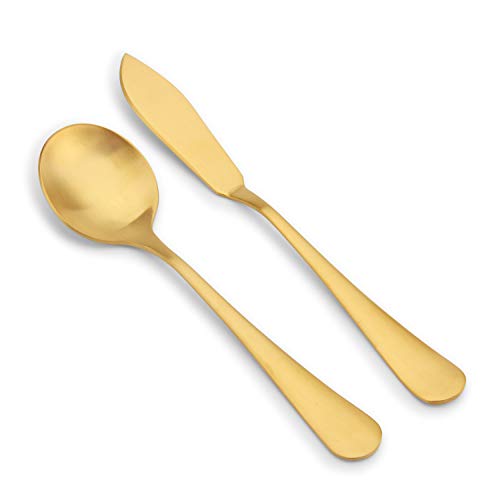sharecook Matte Gold Serving Set，SHARECOOK 5-Piece 18/0 Stainless Steel Large Hostess Set with Round Edge, Satin Finished, Dishwasher Safe -Spoons, Forks,Butter Knife& Slotted Spoon - Image 4