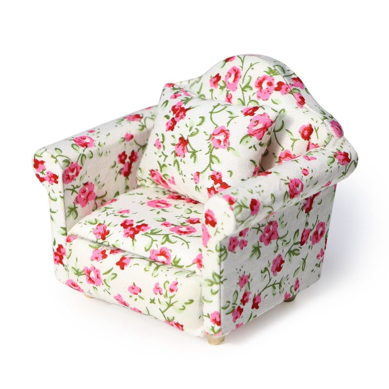 Cutemini Dollhouse Couch with Pillow 1 12 Scale Miniature Sofa Arm Chair Living Room Furniture Wooden Fabric Frame Single Reading Chair Artificial House Room Scene Decoration Rose Floral - Image 3