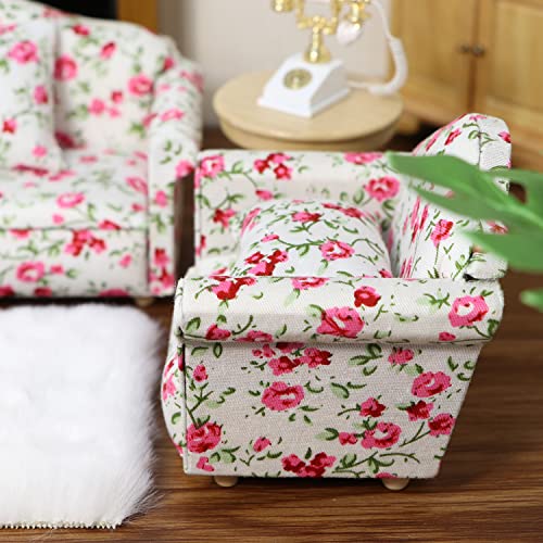 Cutemini Dollhouse Couch with Pillow 1 12 Scale Miniature Sofa Arm Chair Living Room Furniture Wooden Fabric Frame Single Reading Chair Artificial House Room Scene Decoration Rose Floral - Image 5